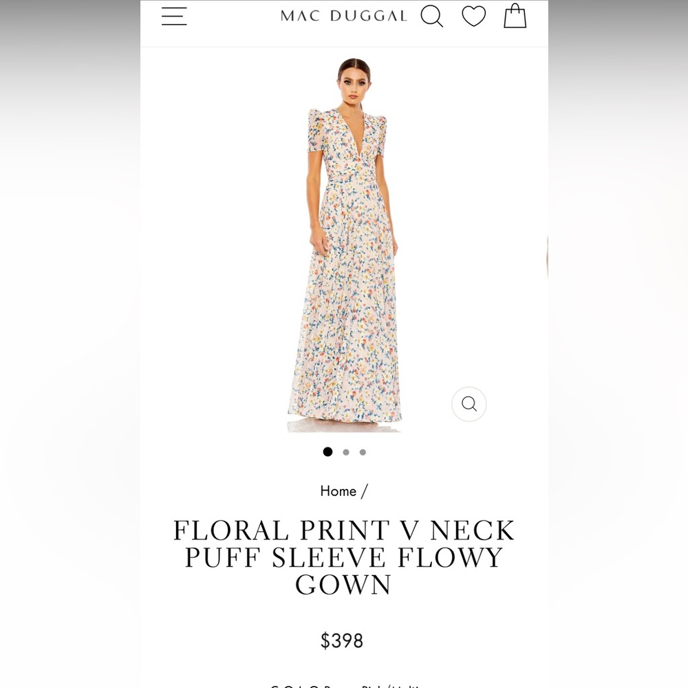 Mac Duggal V neck, puff sleeve, pink/floral